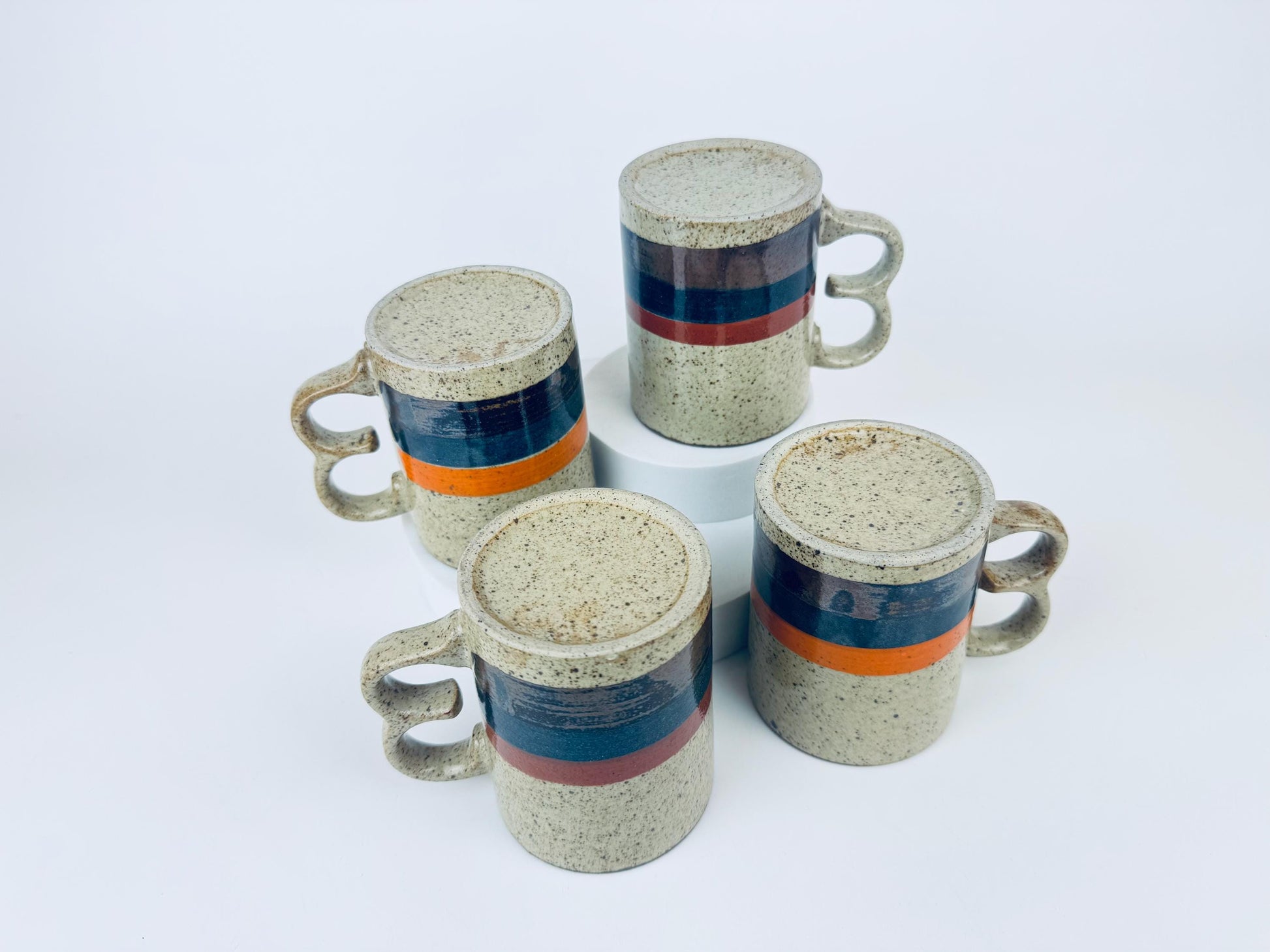 Product image for 'vintage 1970s stoneware mugs speckled glaze with bold stripes double loop handles set of 4 retro coffee cups' (view cd9de1)