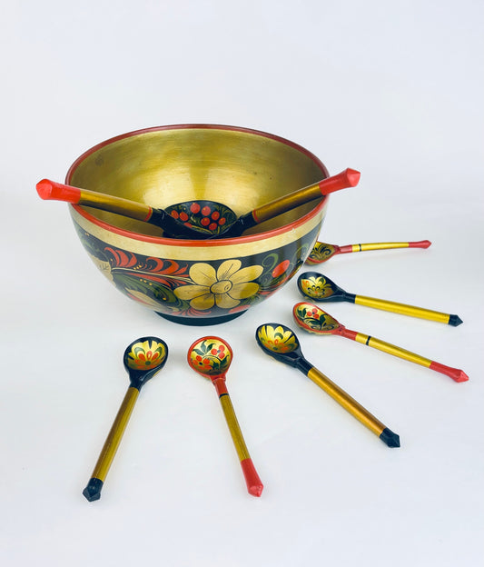 Product image for 'vintage hand painted artisan folk art soviet russia khokhloma wooden salad soup bowl spoon set made in the ussr flower scene pattern' (view 4d49aa)