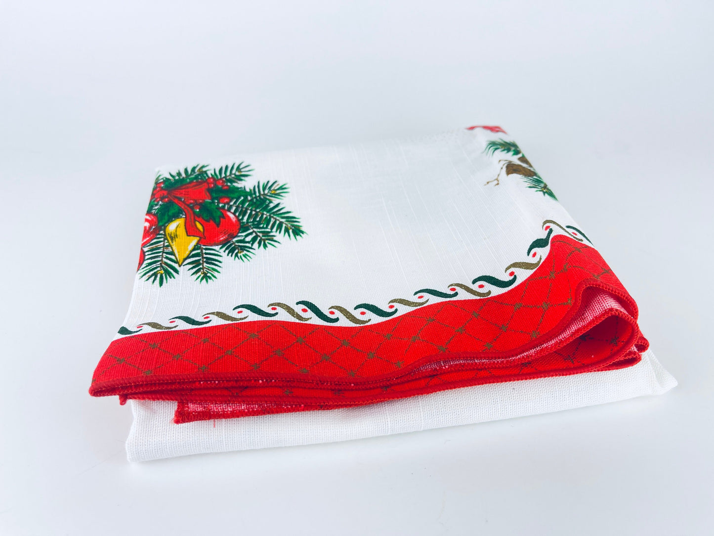 Product image for 'vintage christmas print square table cloth christmas bells ornaments candles 31 x 31 made in brazil by interloom' (view ff91c8)