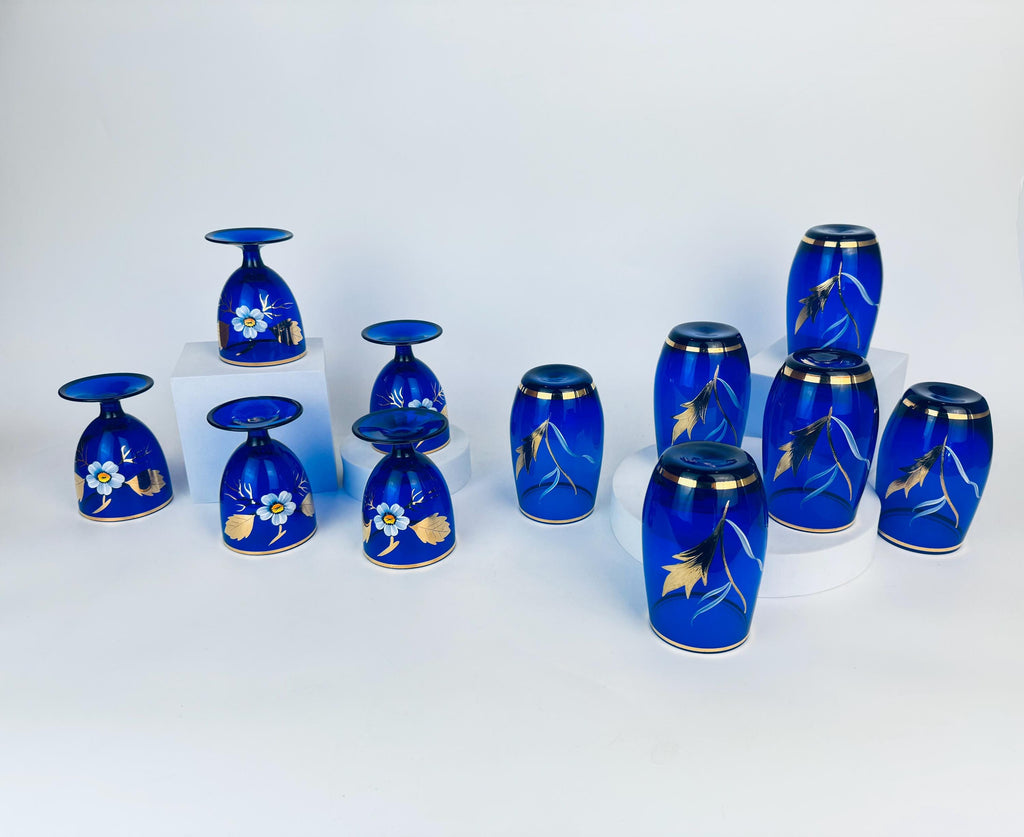 Product image for 'vintage cobalt blue glassware hand painted flowers gold rim small goblet and tumbler set' (view 0c07fd)