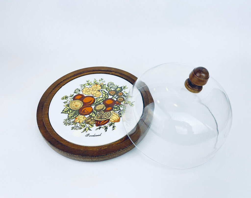 Product image for 'vintage goodwood cheese cloche charcuterie cracker dome server 60s ceramic tile with berry nut flower pattern plastic dome' (view 00a625)