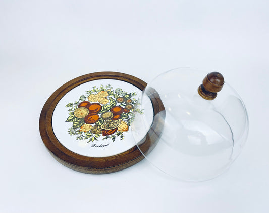 Product image for 'vintage goodwood cheese cloche charcuterie cracker dome server 60s ceramic tile with berry nut flower pattern plastic dome' (view 00a625)