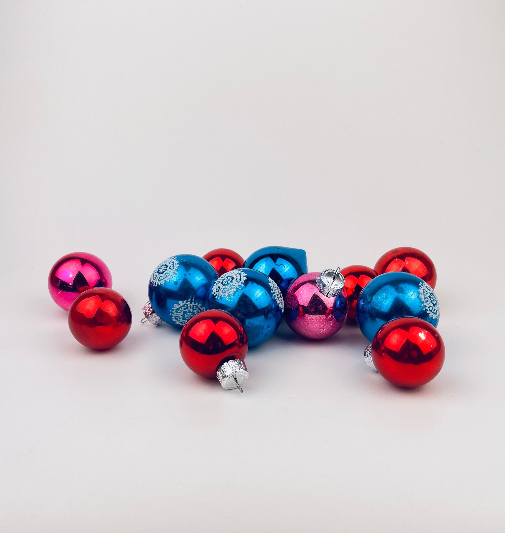 Product image for 'vintage shiny red blue pink glass christmas ornaments set of twelve 12 made in eastern germany' (view 912470)