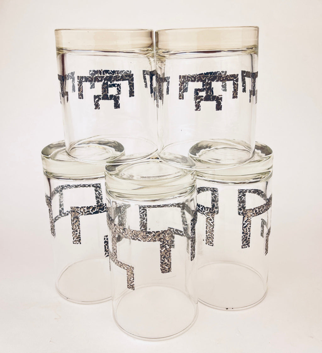 Product image for 'vintage libbey highball lowball glasses set of five 5 textured silver abstract line pattern' (view 25a452)