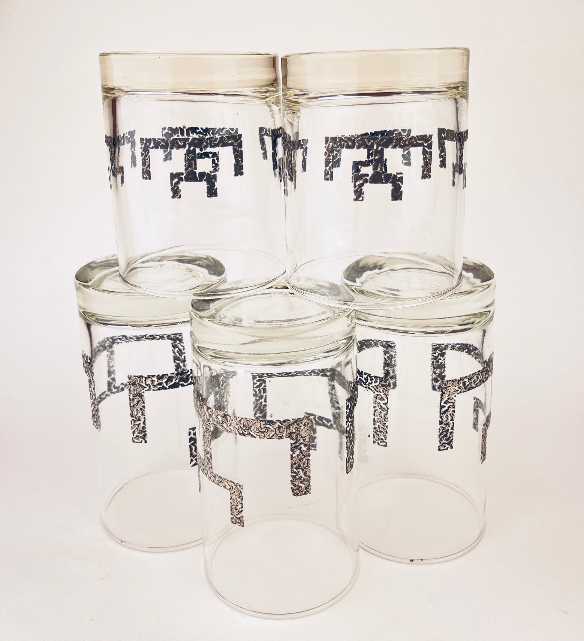 Product image for 'vintage libbey highball lowball glasses set of five 5 textured silver abstract line pattern' (view 25a452)