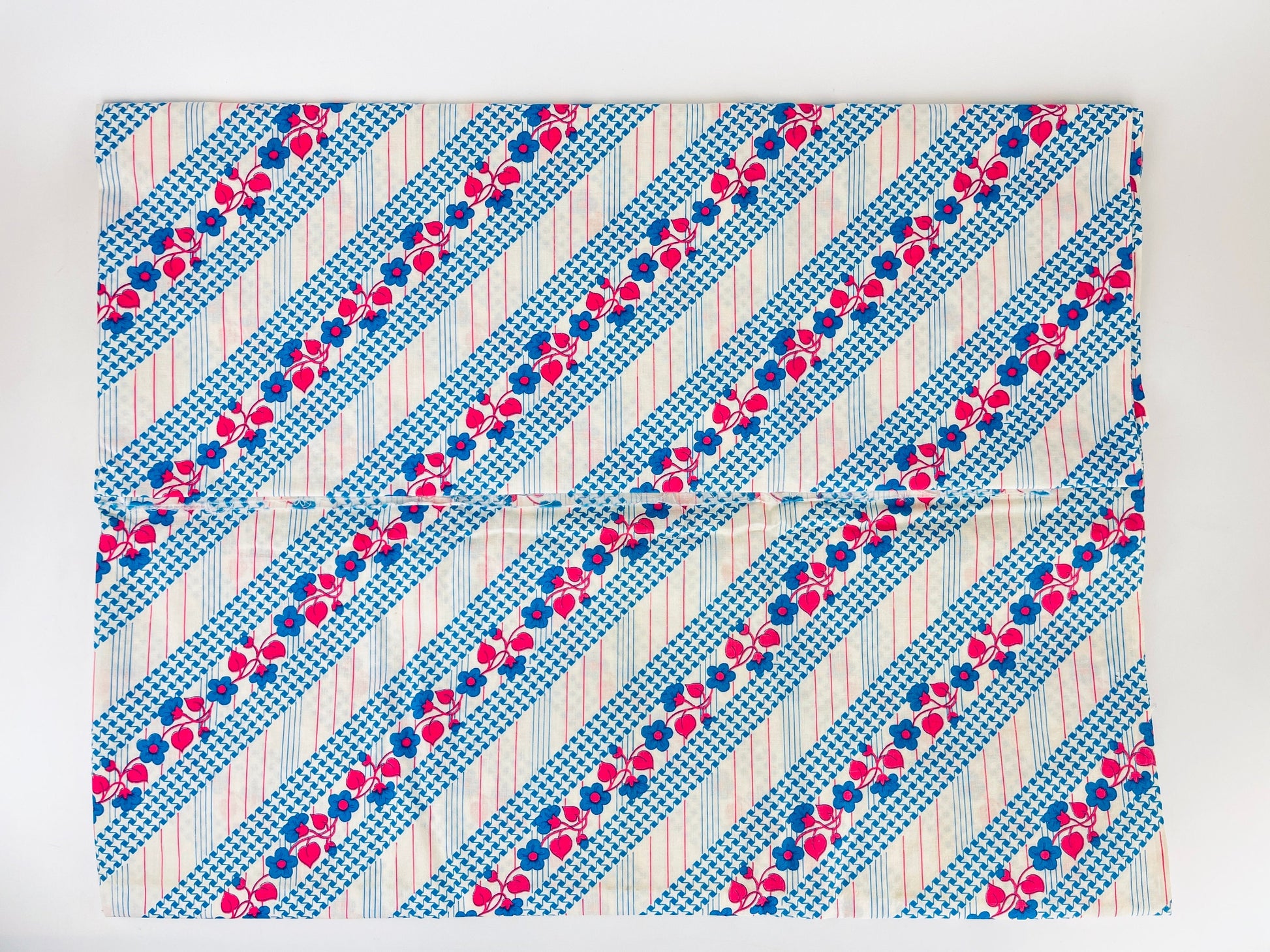 Product image for 'vintage 70s blue pink floral striped polyester fabric 45 x 104' (view ceacf5)