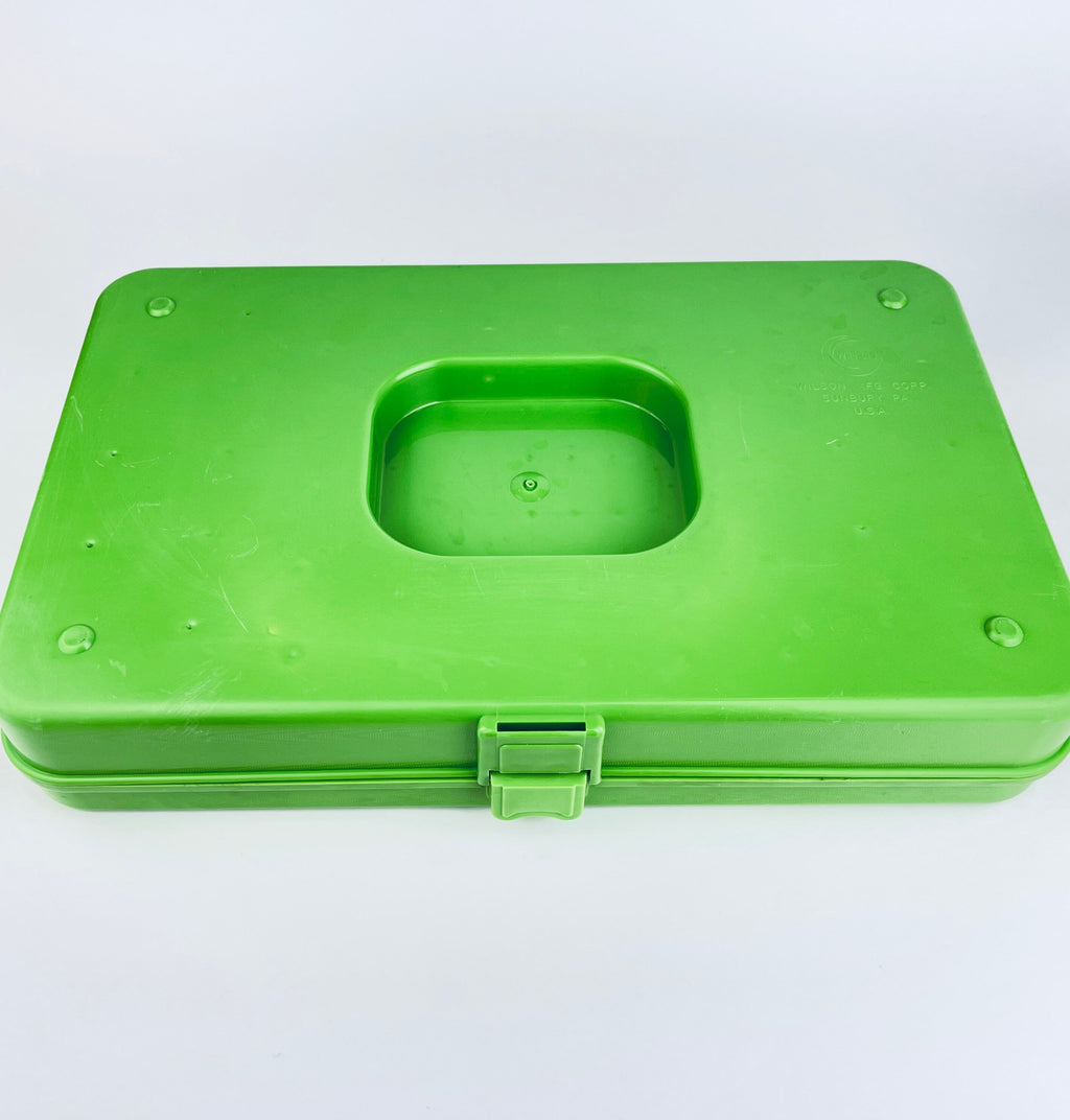 Product image for 'vintage wilson wil hold sewing box medium avocado green swirl pattern with plastic organizers handle' (view cef150)