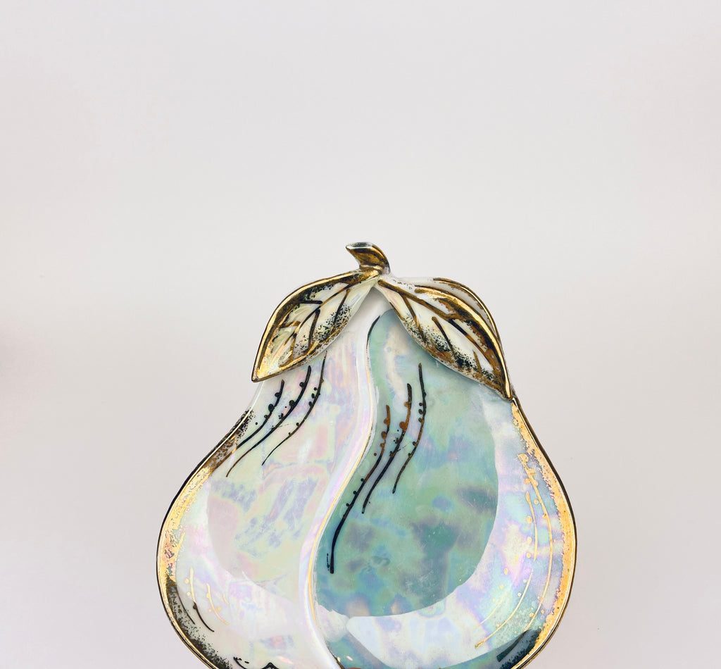 Product image for 'vintage ceramic pear shaped ring candy dish gold rimmed iridescent lustreware made in japan' (view 9278f8)