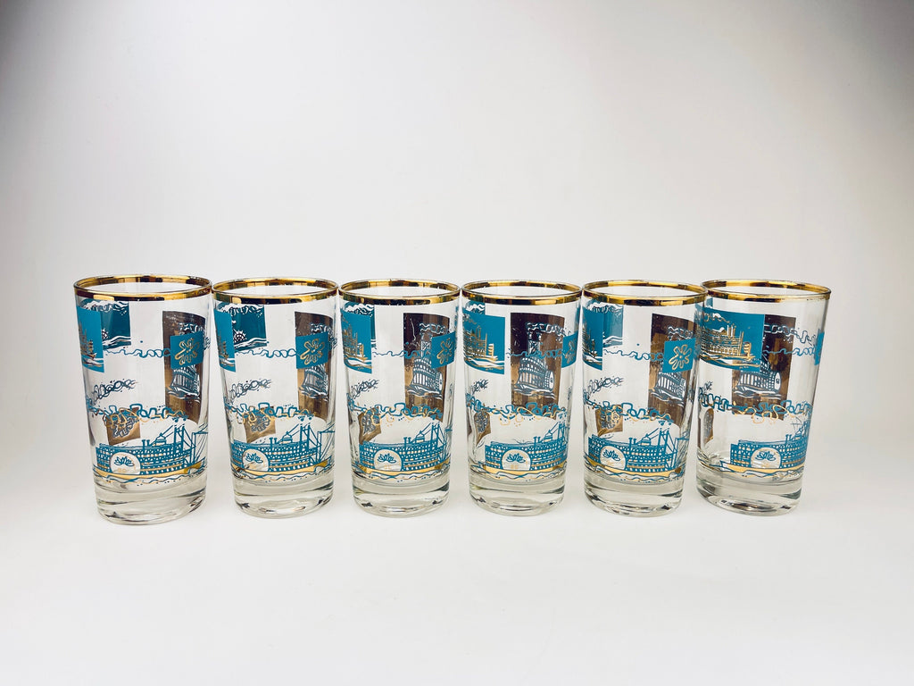 Product image for 'vintage mcm riverboat highball glass barware set set of six 6 22 kt gold aqua teal southern comfort libbey glassware' (view 59da30)