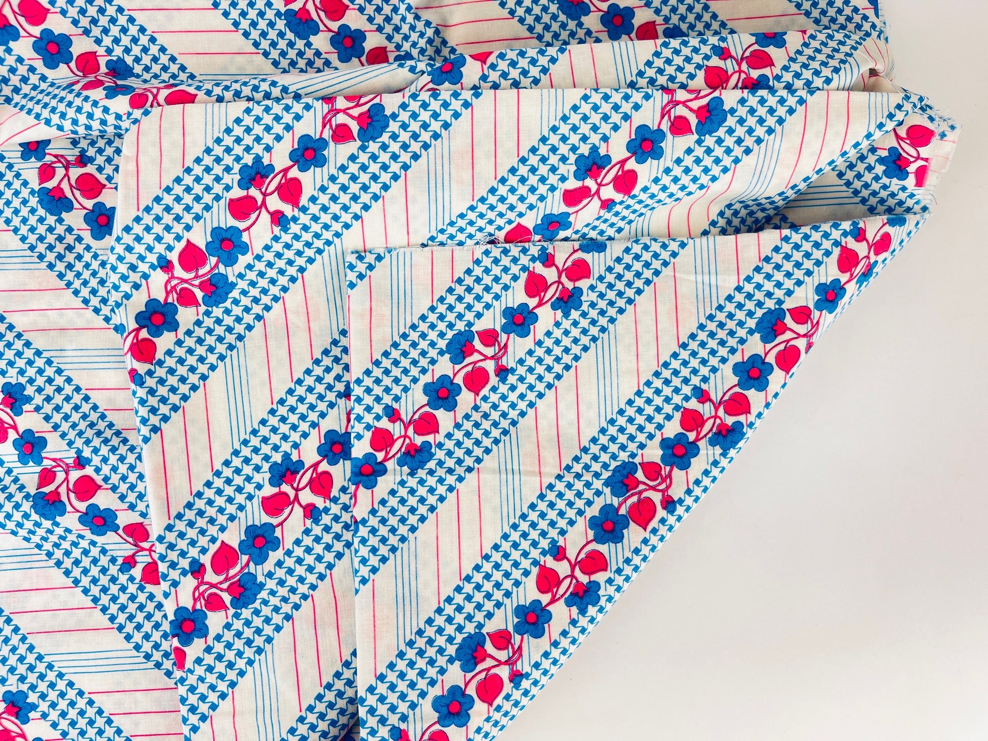 Product image for 'vintage 70s blue pink floral striped polyester fabric 45 x 104' (view 3e4439)