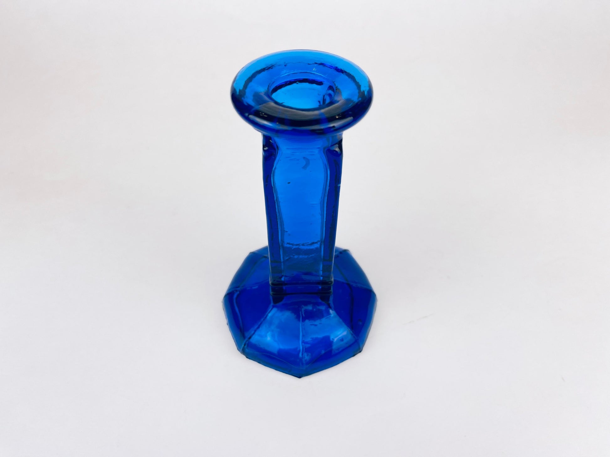 Product image for 'vintage hand blown cobalt blue glass candlestick holder octagonal shape' (view af0f43)