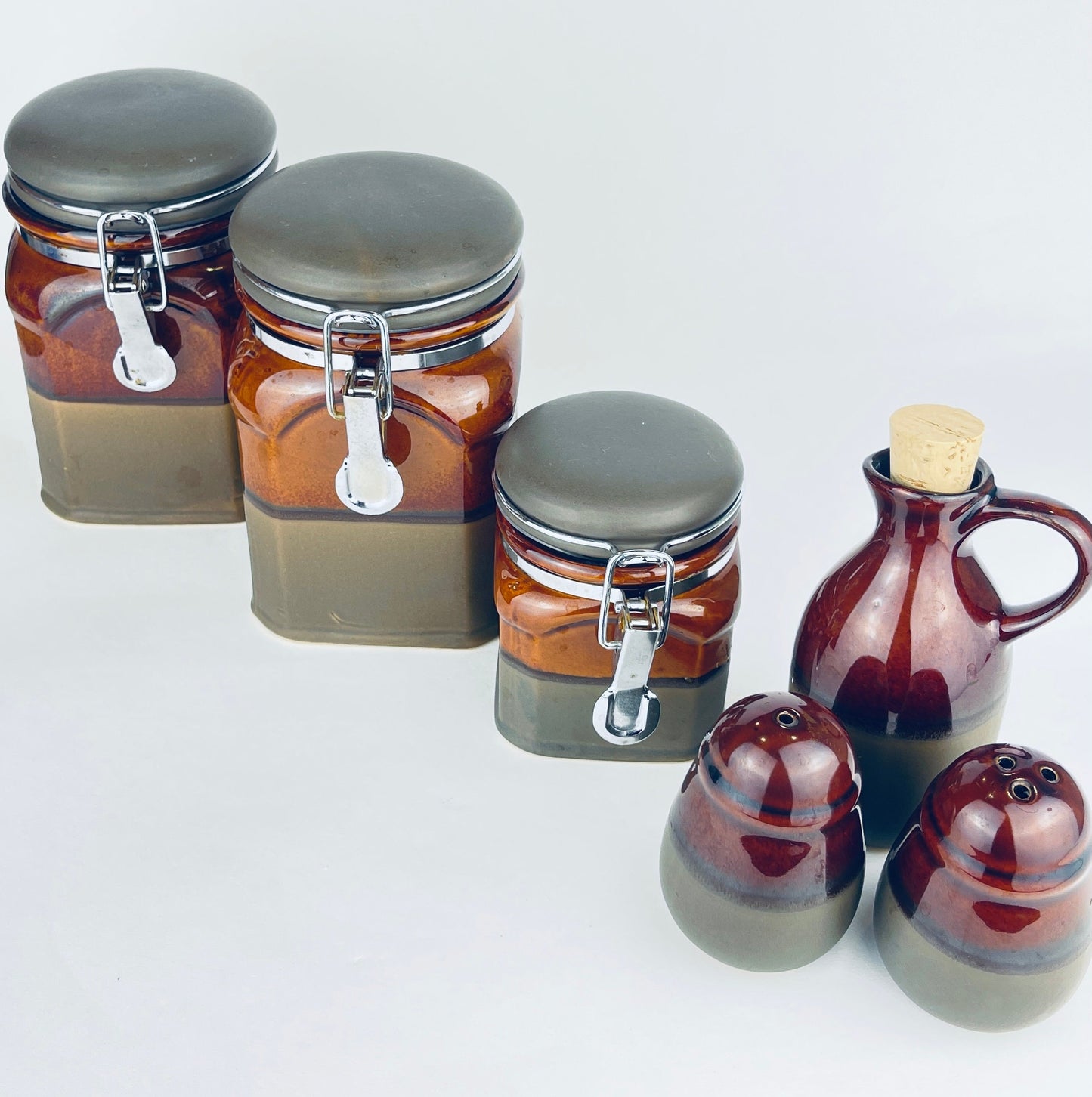 Product image for 'vintage brown grey drip glaze canister set salt pepper oil decanter included' (view c7d05f)