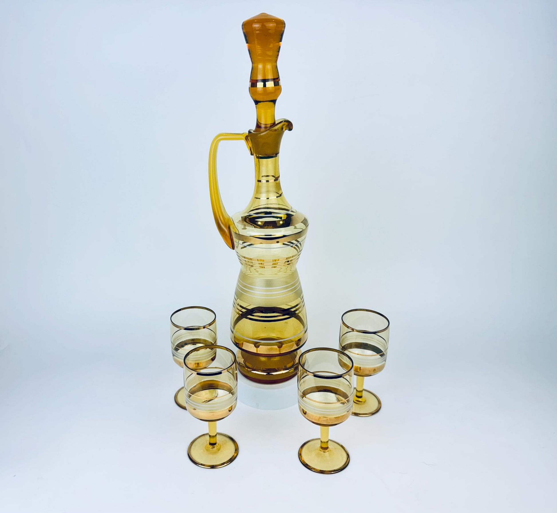 Product image for 'vintage amber gold striped glass barware set decanter stemmed glasses bohemia crystal made in czechoslovakia barware gift' (view 32365b)