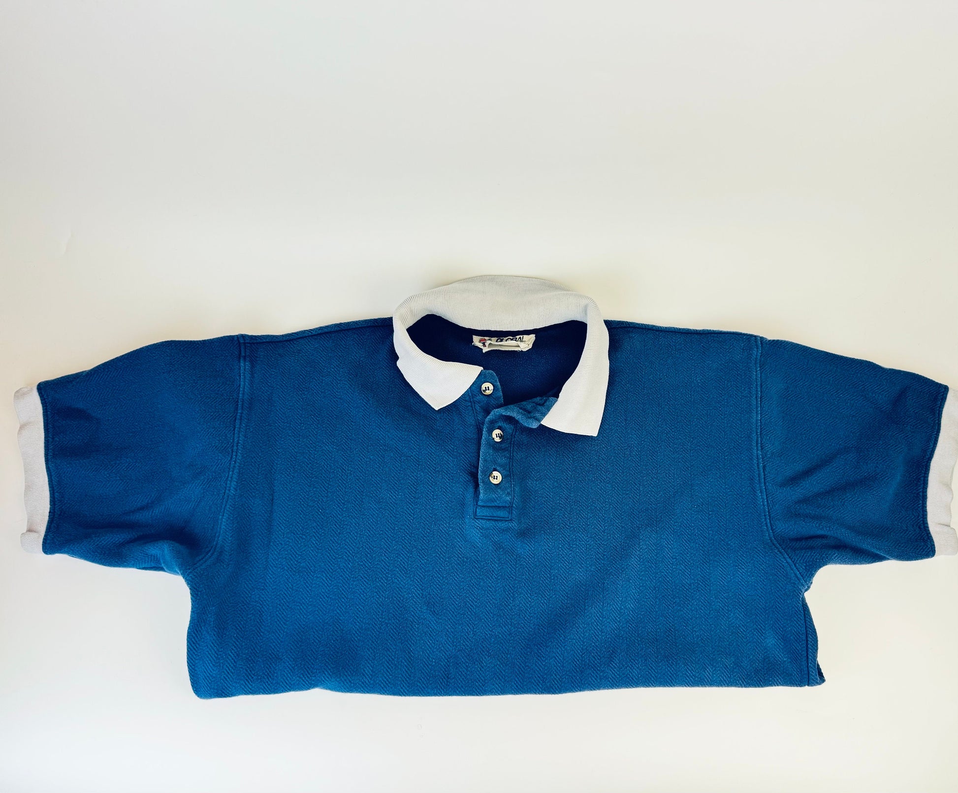 Product image for 'vintage global canada 1990s 100 cotton short sleeve polo shirt blue grey collar made in canada' (view 0cbc10)