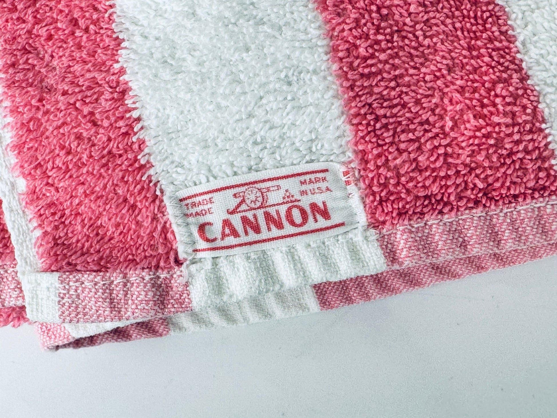 Product image for 'vintage cannon pink white striped bath towel made in usa' (view d8a04a)