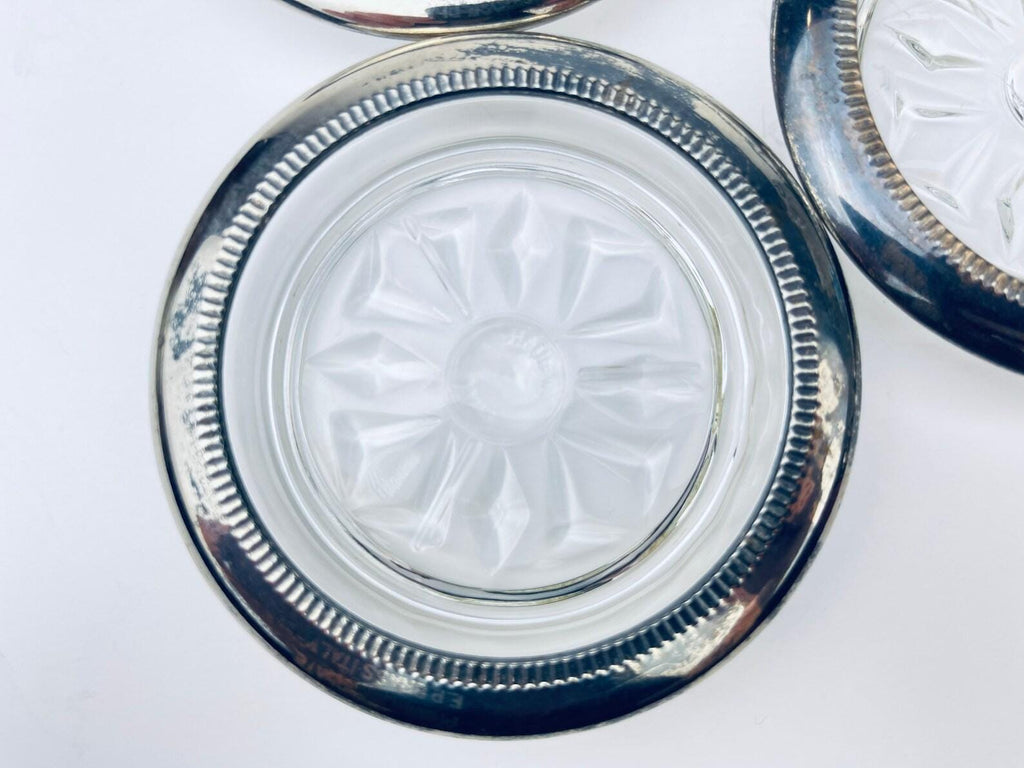 Product image for 'vintage glass silver plated coaster set set of three 3 floral sunburst pattern made in italy' (view e20eee)