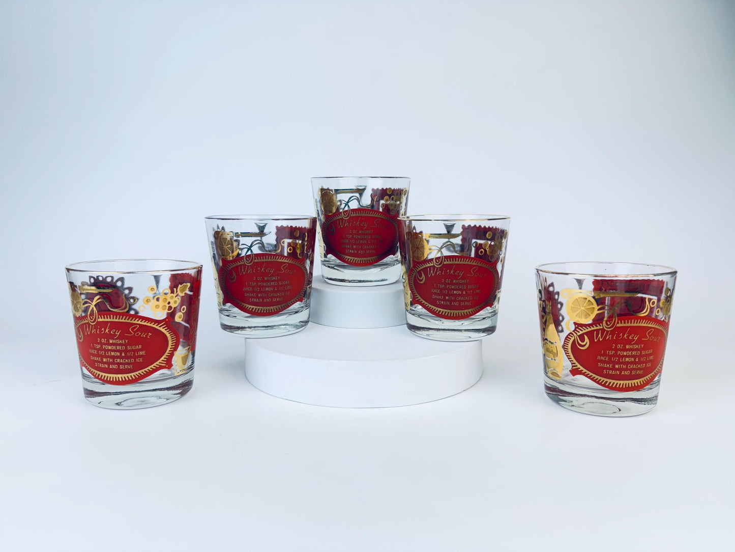 Product image for 'vintage jeanette glass heres how red and gold old fashioned glasses set of five 5' (view da1349)