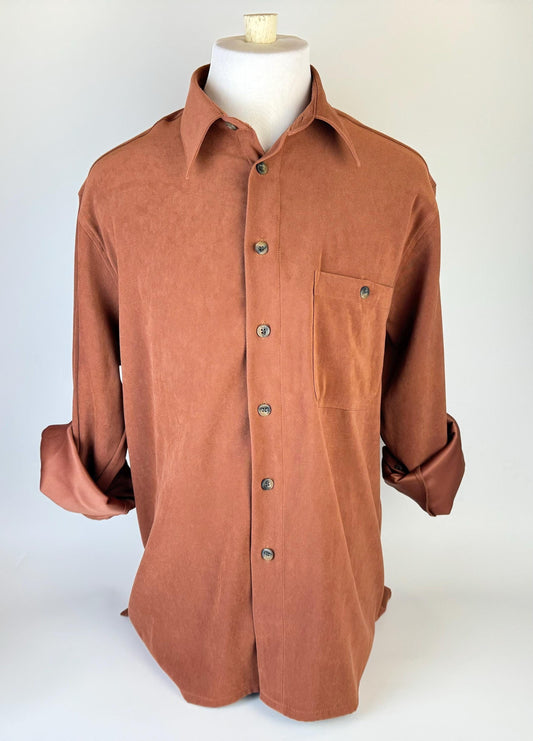 Product image for 'vintage christian dumas oversized long sleeve button up rust brown shirt size medium m made in korea' (view eb950a)