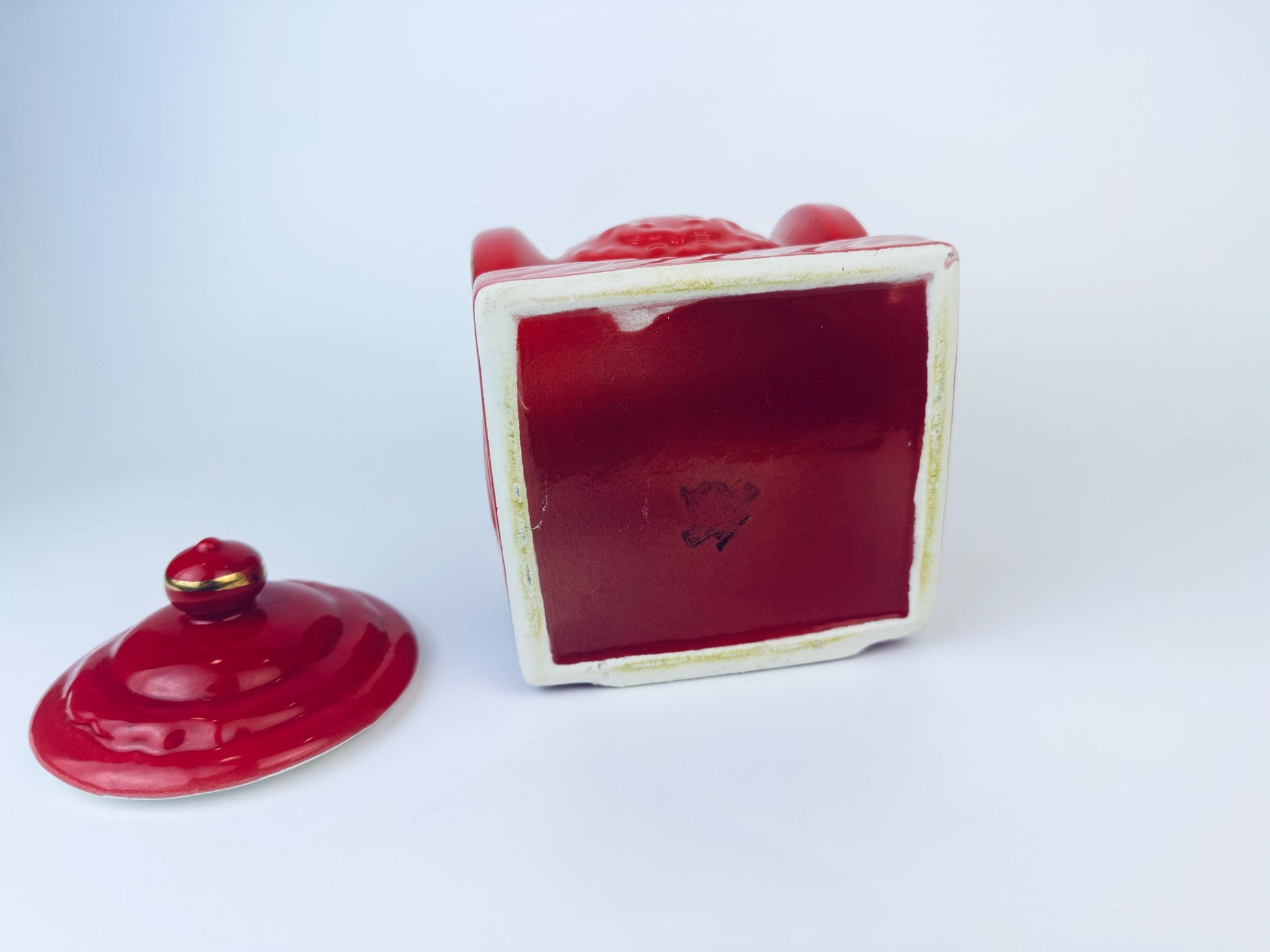 Product image for 'vintage house of webster cookie biscuit jar red gold ceramic coffee grinder canister made in eastland texas usa' (view 8307dc)