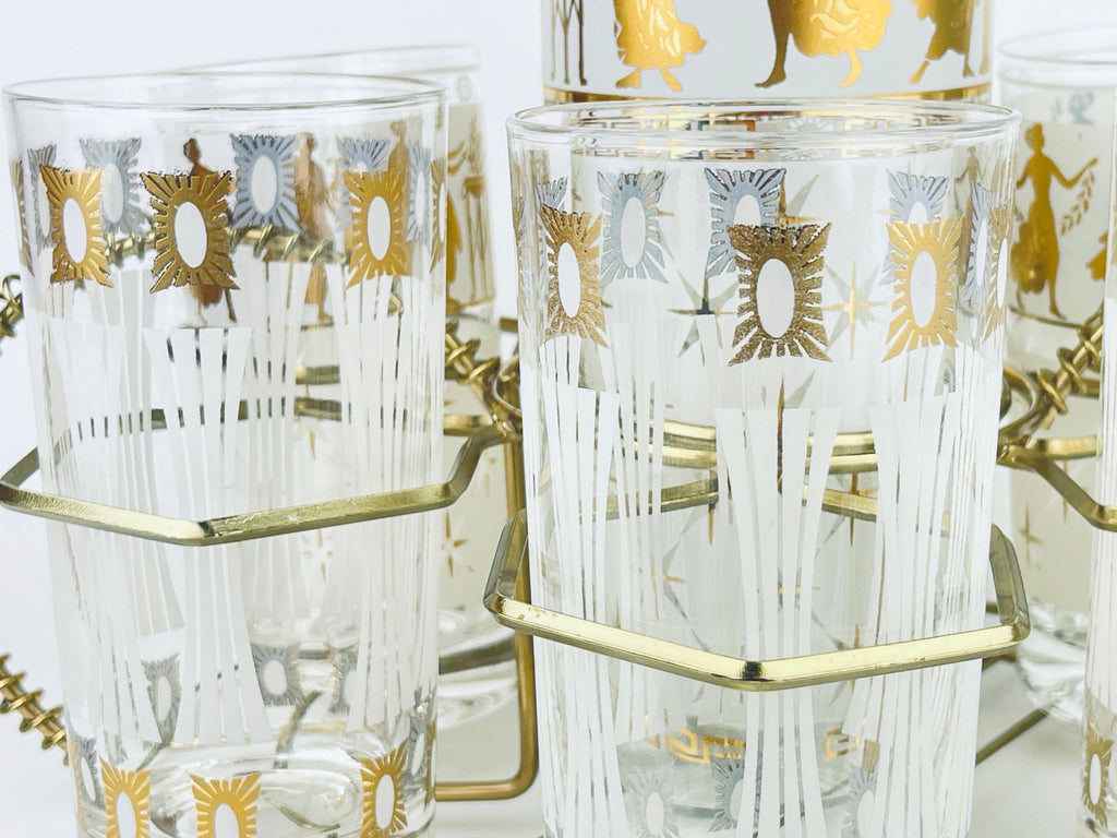Product image for 'vintage rare aldon frosted white gold grecian gold atomic pattern barware set decanter six glasses barware gift' (view 0a3398)
