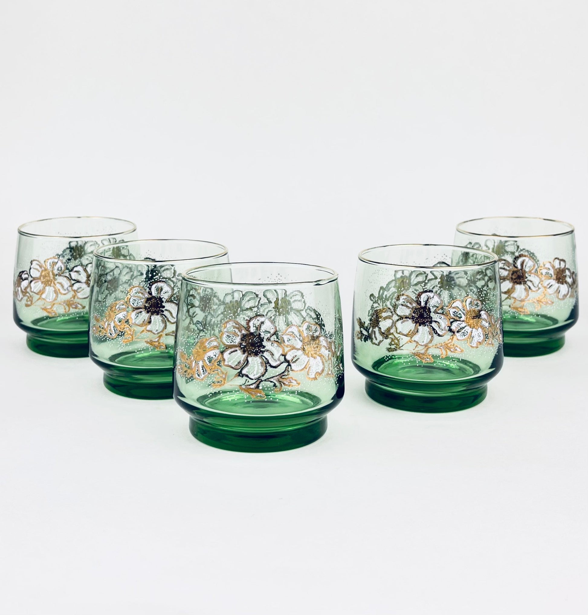 Product image for 'vintage green pedestal lowball glasses set of five 5 gold rimmed top white floral pattern dominion glass company' (view 3967e0)