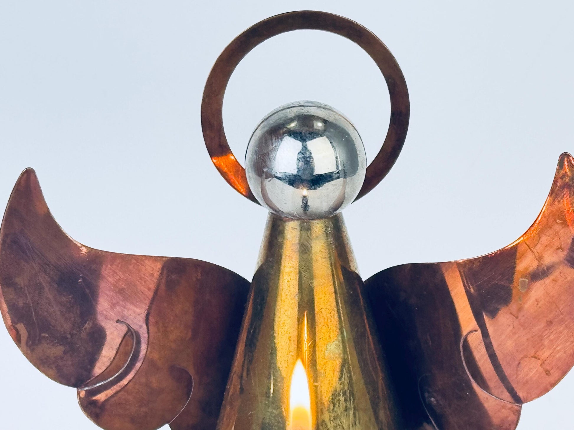 Product image for 'vintage brass copper angel candlestick holder attractive aged metal patina' (view c71822)