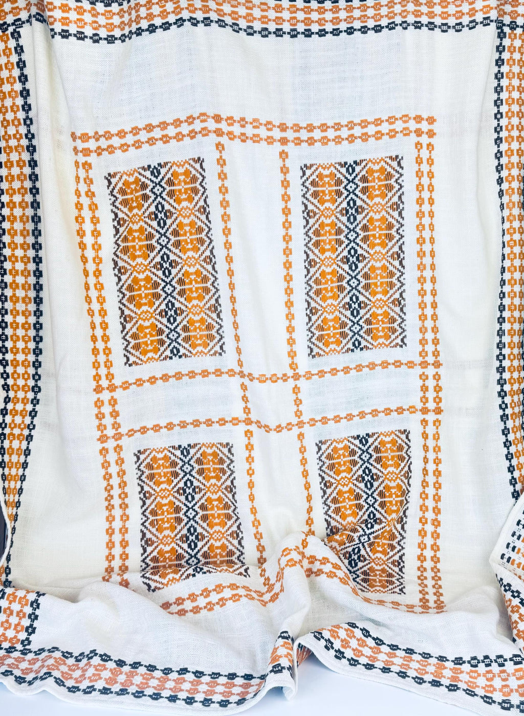 Product image for 'vintage embroidered brown orange geometric pattern beige table cloth 48 x 60' (view f69b70)