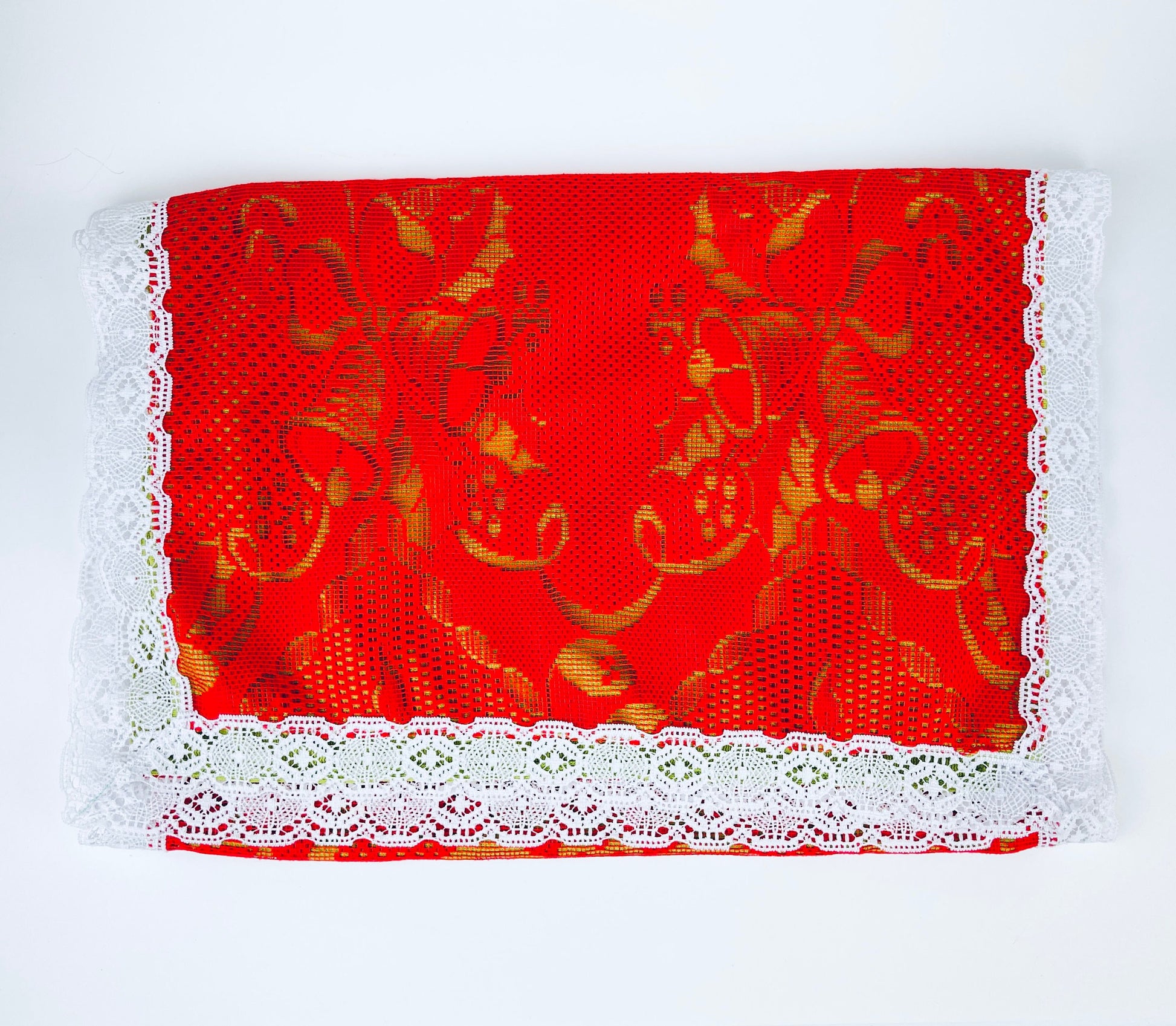 Product image for 'vintage christmas table runner poinsettia bells red green white lace pattern 16 5 x 44' (view eab58e)
