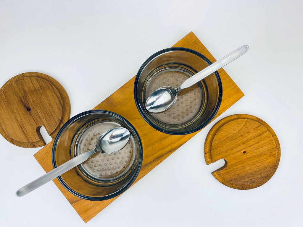 Product image for 'vintage luthje danish preserve set appetizer dinner party serve ware wood tray glass containers made in denmark' (view b75bf0)