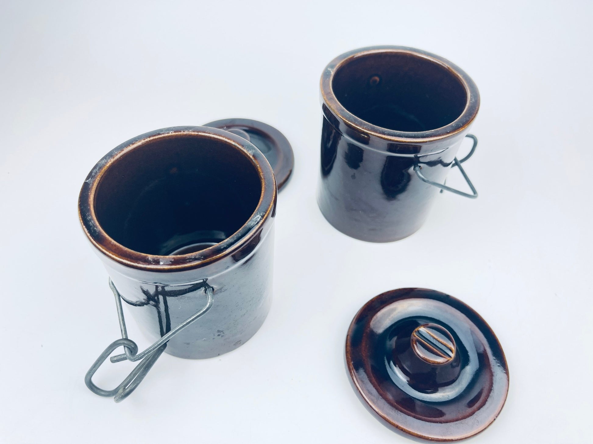 Product image for 'vintage brown drip glazed ceramic jar canister metal clasp top' (view 7984f7)