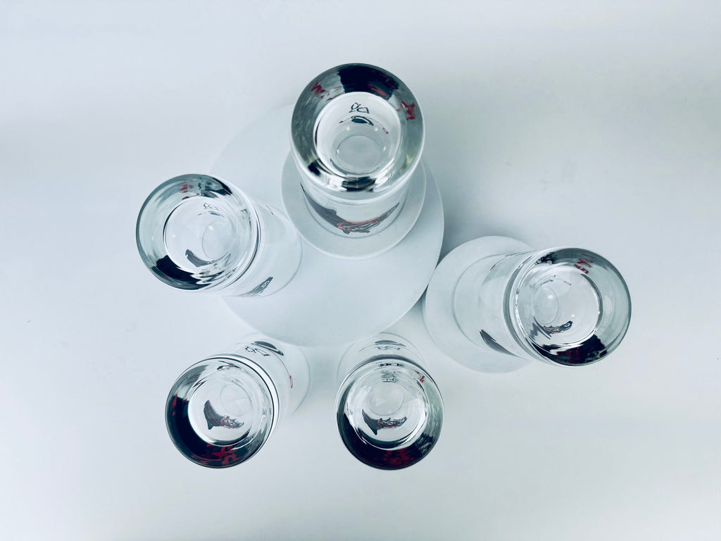 Product image for 'vintage racing kentucky derby hat horse equestrian drinking highball barware glasses federal glass set of five 5' (view 5d502b)