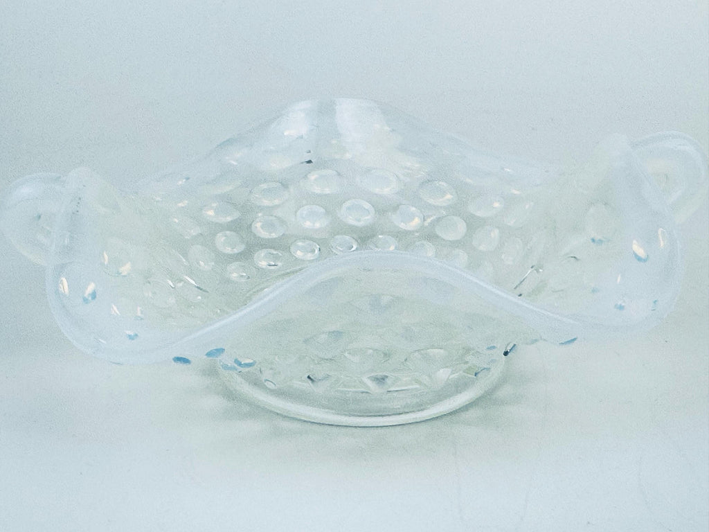 Product image for 'vintage fenton moonstone hobnail glass dish 1940s opalescent ruffled trinket bowl with handles' (view 08b70d)