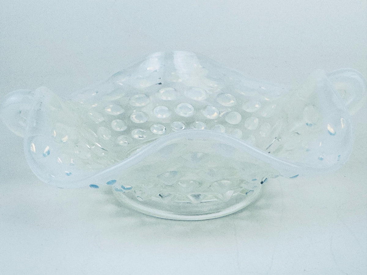 Product image for 'vintage fenton moonstone hobnail glass dish 1940s opalescent ruffled trinket bowl with handles' (view 08b70d)