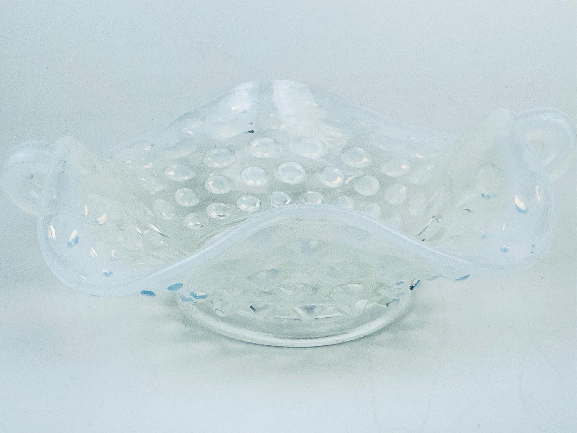 Product image for 'vintage fenton moonstone hobnail glass dish 1940s opalescent ruffled trinket bowl with handles' (view 08b70d)