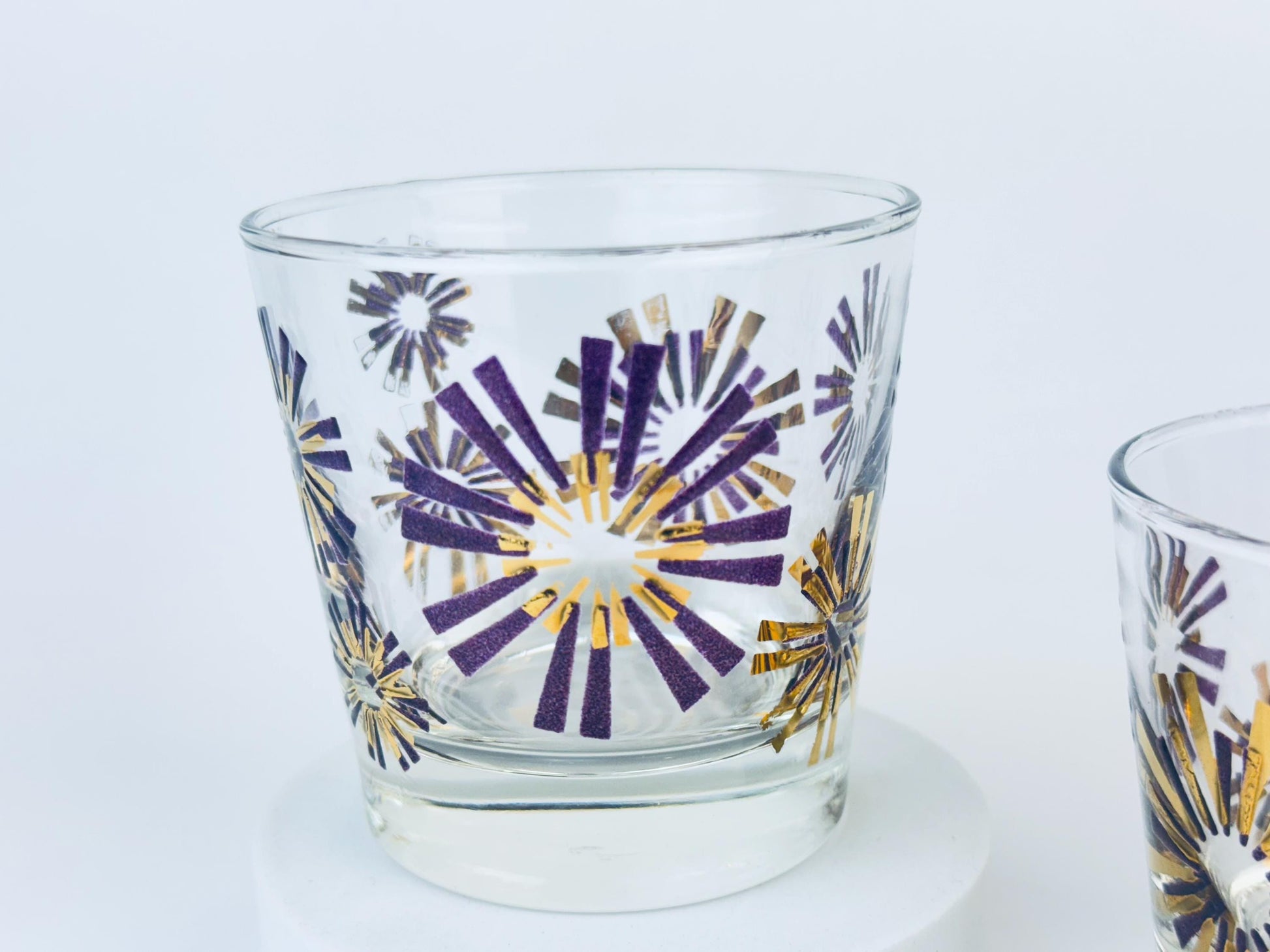Product image for 'vintage libbey gold purple atomic starburst low ball drinking glasses set of two 2' (view 56fe5c)