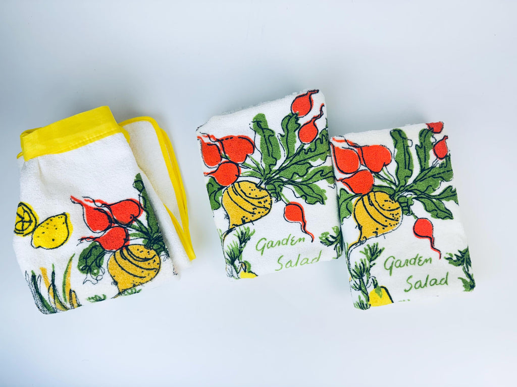Product image for 'vintage vera garden salad kitchen vegetables hand towel apron made in usa by cannon items sold separately new old stock nos' (view 0c51a2)