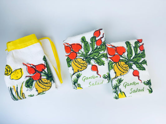 Product image for 'vintage vera garden salad kitchen vegetables hand towel apron made in usa by cannon items sold separately new old stock nos' (view 0c51a2)
