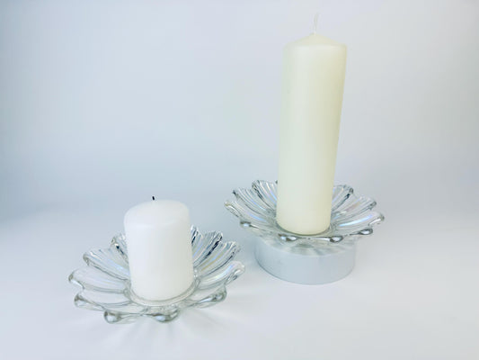 Product image for 'vintage federal glass iridescent scalloped glass decorative bowls votive candle holder set of two 2' (view cbb368)