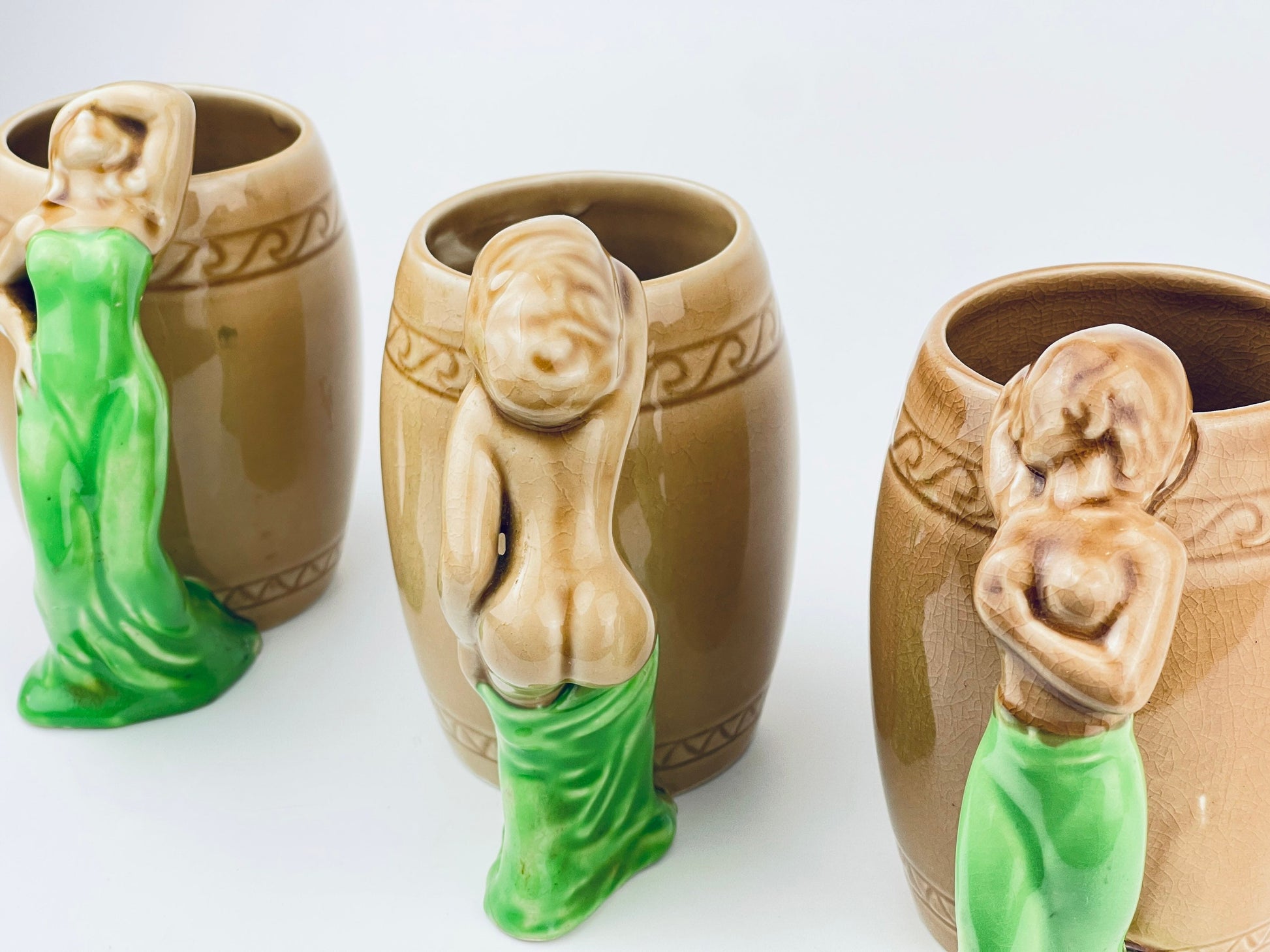Product image for 'vintage risque nude woman barrel shaped brown ceramic mug sold individually groomsmen barware gift made in japan 1' (view df93cf)