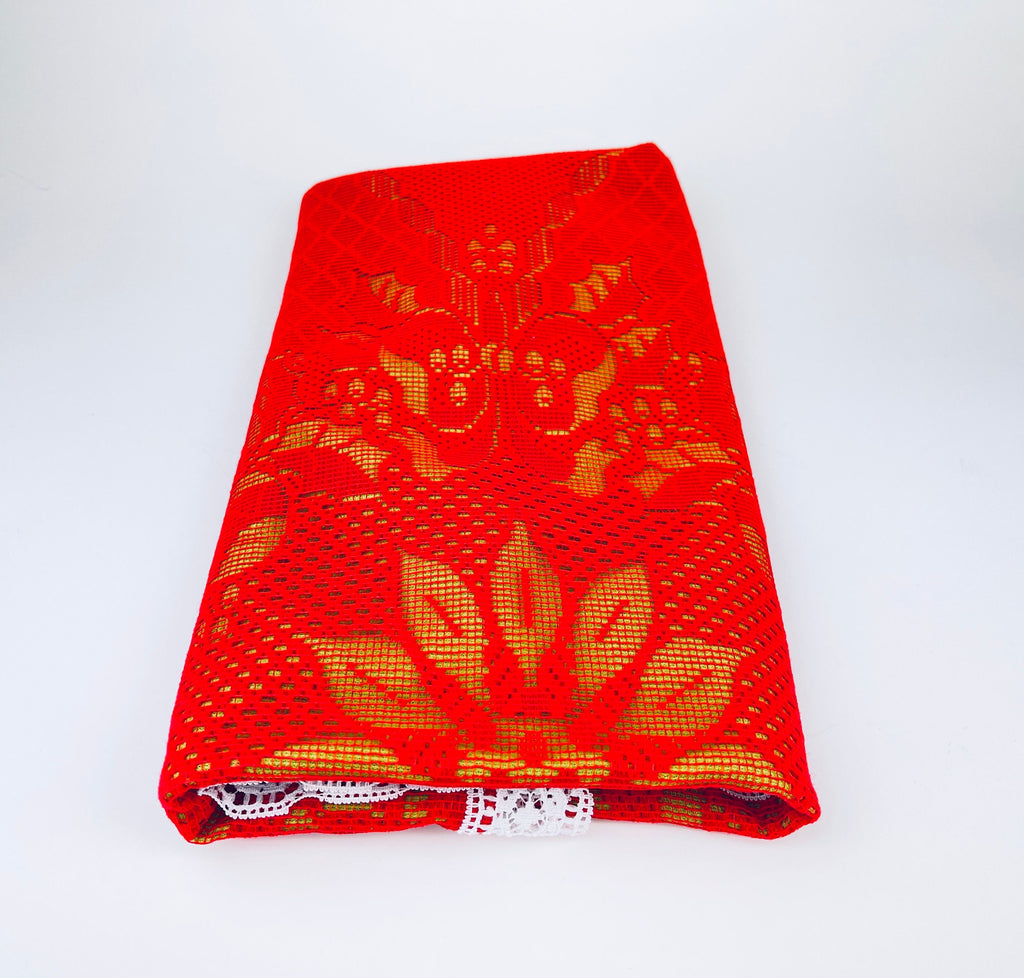 Product image for 'vintage christmas table runner poinsettia bells red green white lace pattern 16 5 x 44' (view b694af)