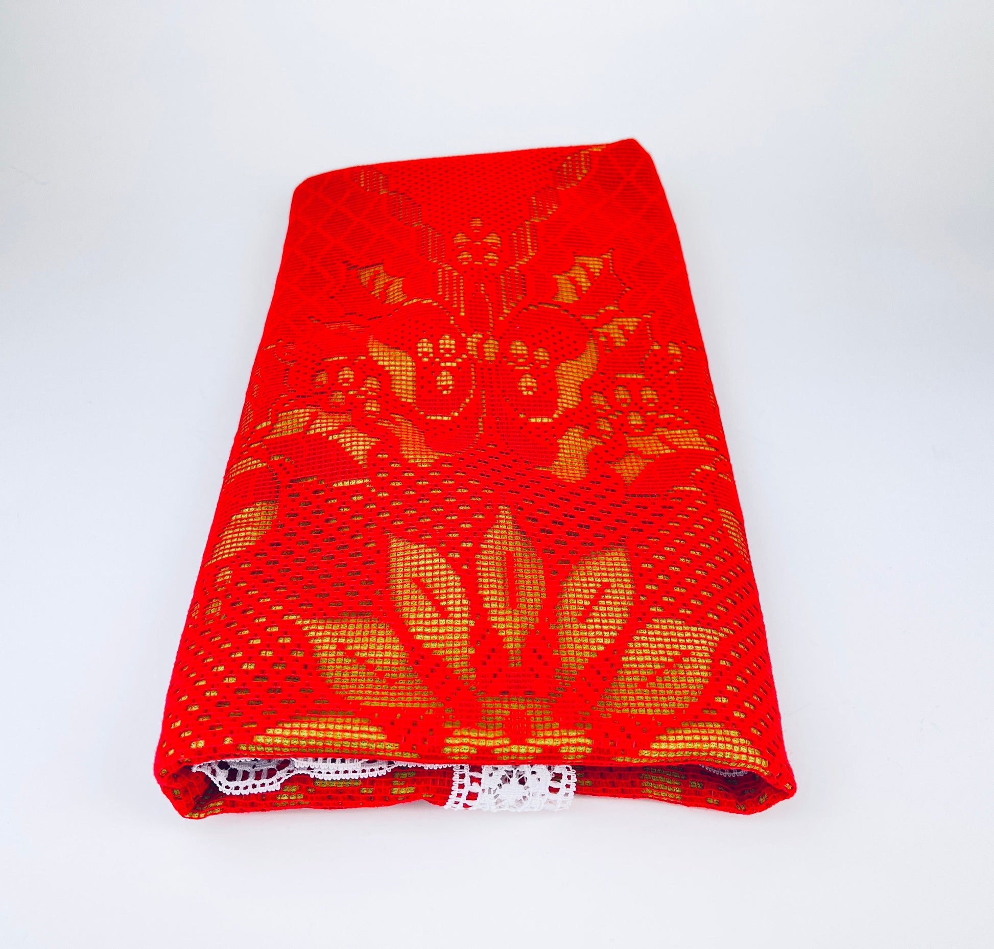 Product image for 'vintage christmas table runner poinsettia bells red green white lace pattern 16 5 x 44' (view b694af)
