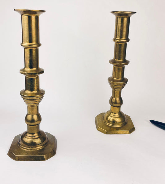 Product image for 'vintage tall solid brass candlestick holders elegant aged patina set of two' (view dfb052)