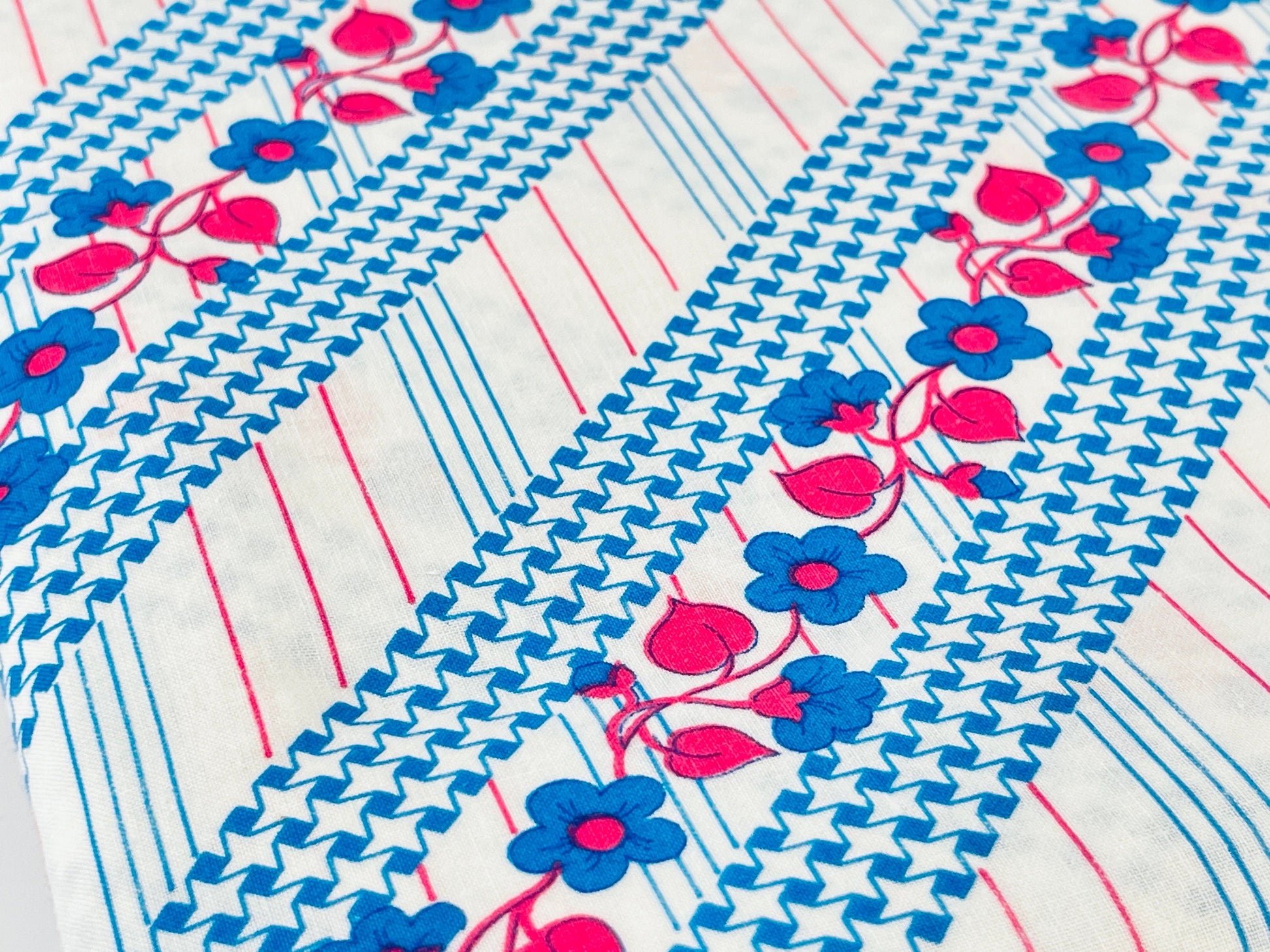 Product image for 'vintage 70s blue pink floral striped polyester fabric 45 x 104' (view 458826)