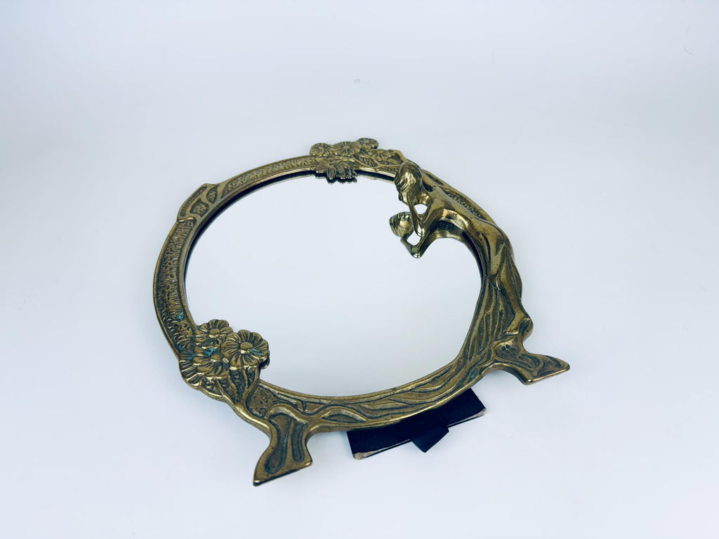 Product image for 'vintage art nouveau round brass tabletop mirror wood nymph maiden woman by the lake' (view b93dbd)