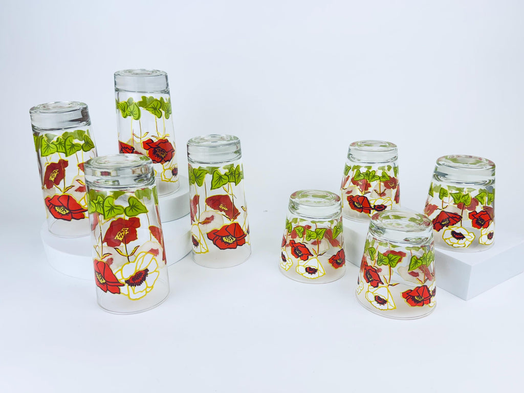 Product image for 'vintage 1970s bright poppy floral glasses by dominion glass co canadian mid century drinkware' (view 4ab273)