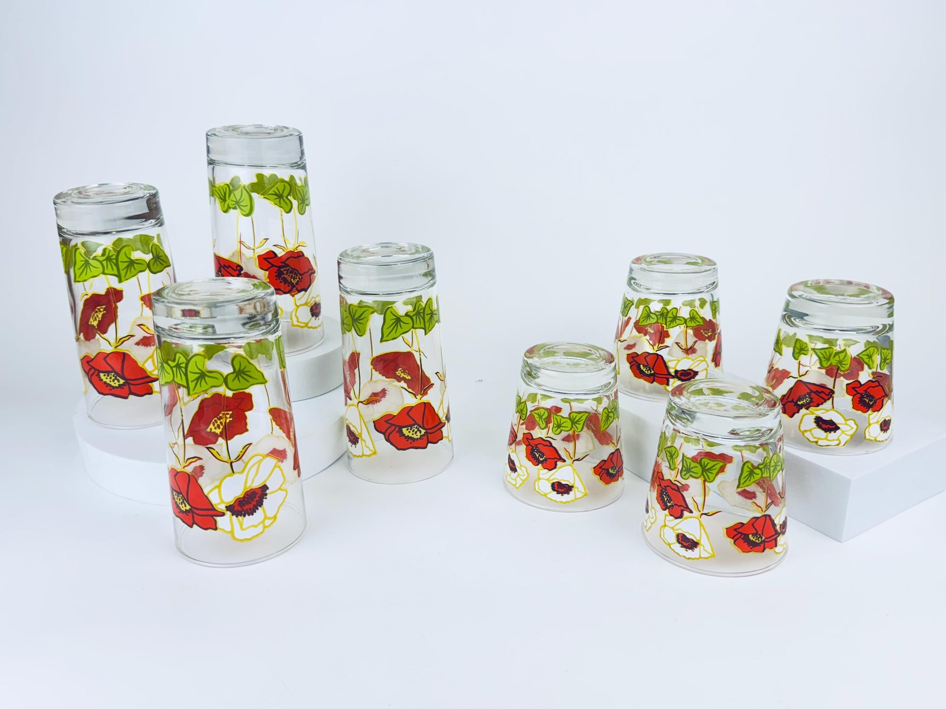 Product image for 'vintage 1970s bright poppy floral glasses by dominion glass co canadian mid century drinkware' (view 4ab273)