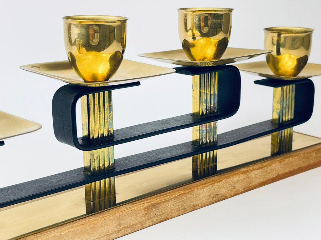 Product image for 'vintage brass teak candlestick holders attractive aged patina centrepiece decor' (view edd28c)