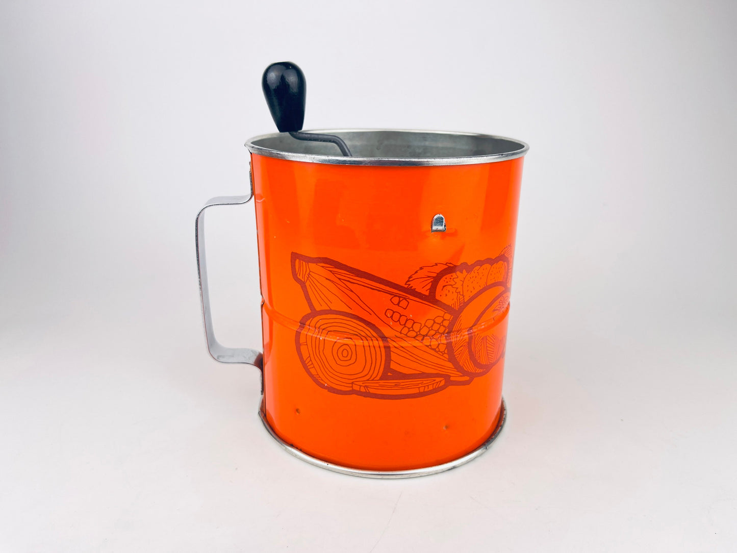 Product image for 'vintage orange metal flour sifter merry mushroom veggie pattern three 3 screen layers' (view 3b9326)
