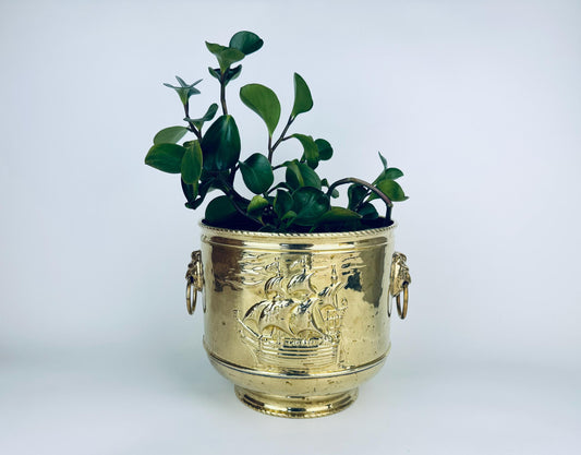 Product image for 'vintage round brass nautical emboss indoor planter lion head handles made in england by peerage' (view 9a22c8)