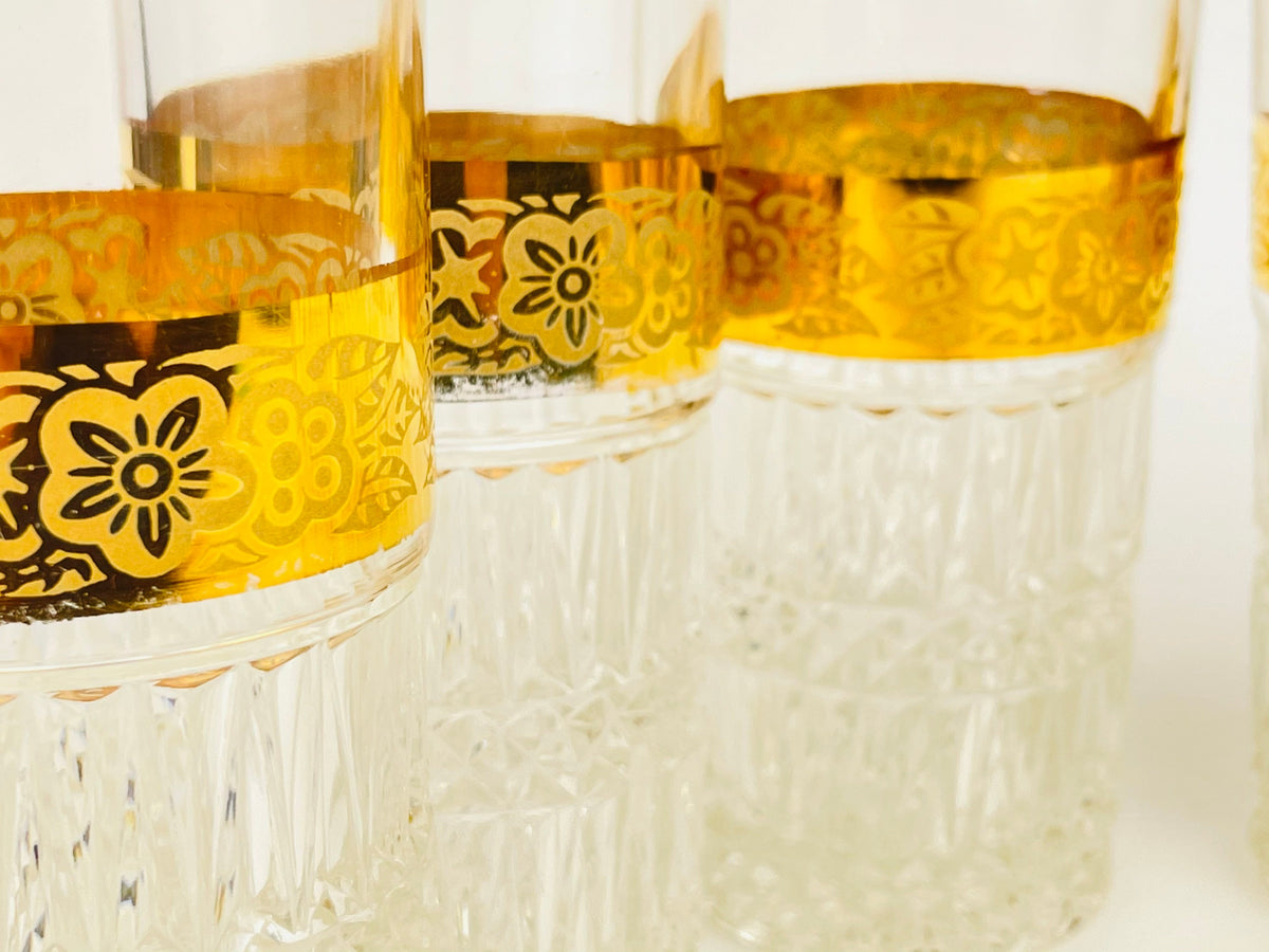 Product image for 'vintage heavy crystal gold highball water tumblers flower gold band with gold rimmed top set of six 6' (view 313bf0)